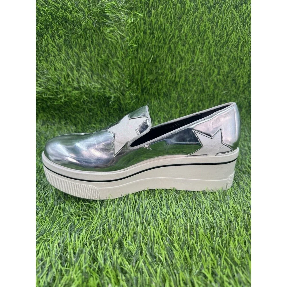 STELLA MCCARTNEY Silver Metallic Faux Leather Binx Star Platform Slip On Shoes 7